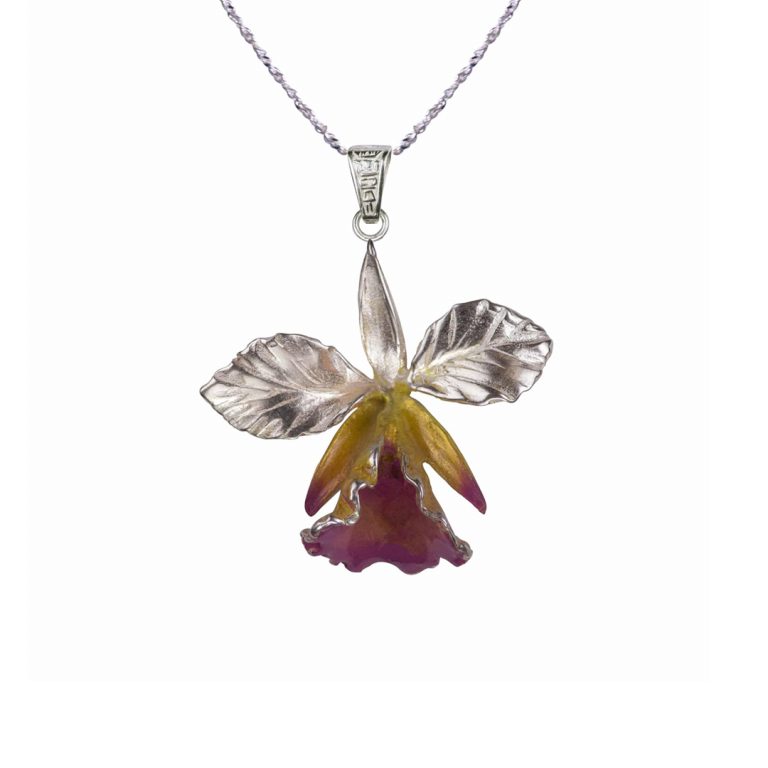 Collar orquidea grande, cadena en plata, joyas elaboradas con plata ecologica eden joyas
