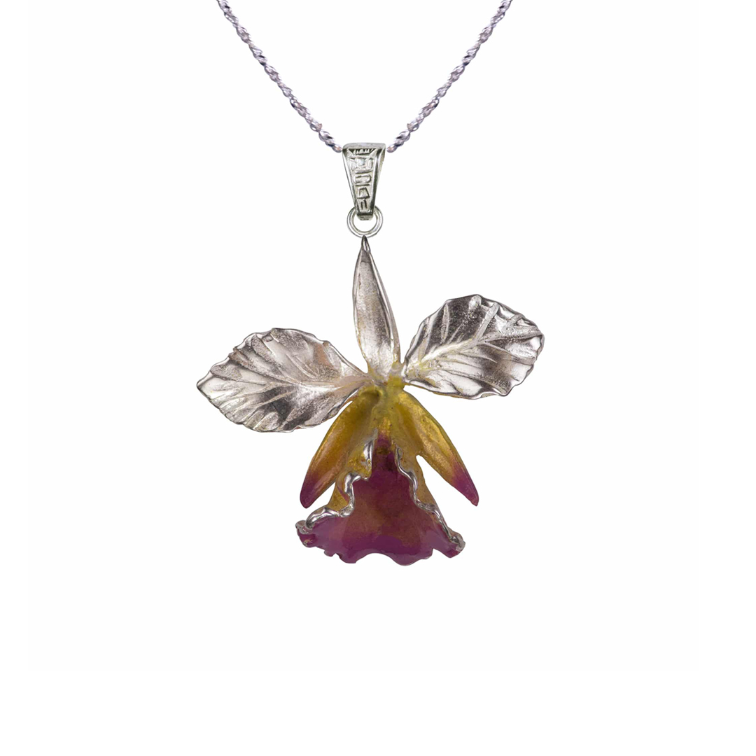 Collar orquidea grande, cadena en plata, joyas elaboradas con plata ecologica eden joyas