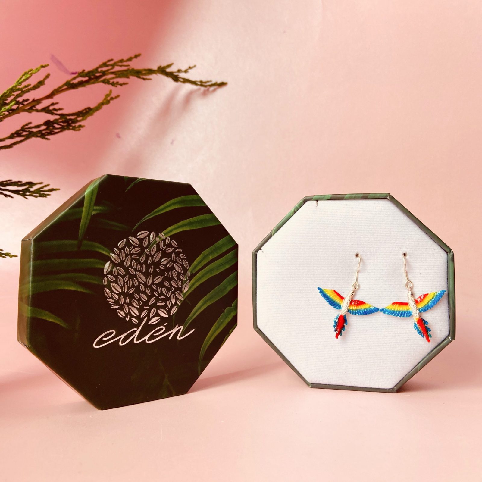 Aretes Guacamaya, empaque de regalo, joyeria en plata ecologica pintada a mano, eden joyas