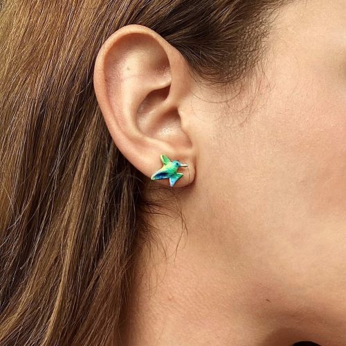 Aretes colibri verde, joyeria en plata, pendientes elaborados con plata ecologica eden joyas