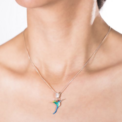 Collar colibri copete rojo, cadena en plata, joyas elaboradas con plata ecologica eden joyas