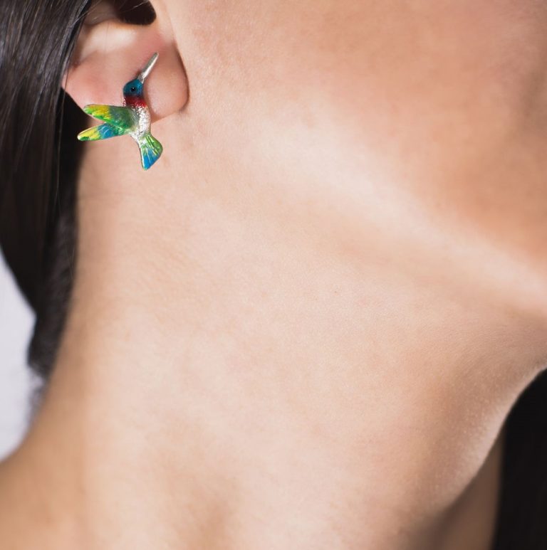 Aretes colibri rubi, joyeria en plata, pendientes elaborados con plata ecologica eden joyas