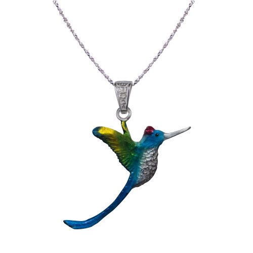 Collar colibri copete rojo, cadena en plata, joyas elaboradas con plata ecologica eden joyas