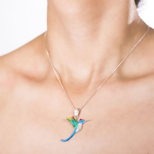 Collar colibri copete rojo, cadena en plata, joyas elaboradas con plata ecologica eden joyas