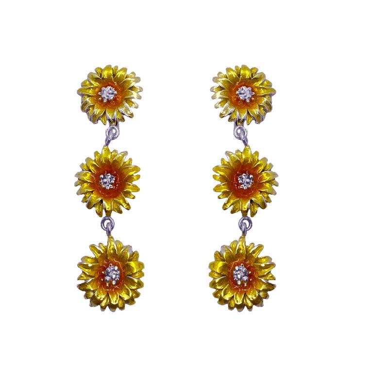 Aretes girasol triple, joyeria en plata, pendientes elaborados con plata ecologica eden joyas