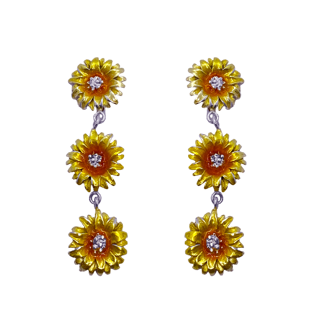 Aretes girasol triple, joyeria en plata, pendientes elaborados con plata ecologica eden joyas