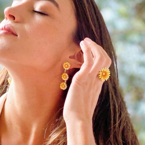 Aretes y anillo girasol modelo, joyeria en plata, pendientes elaborados con plata ecologica eden joyas