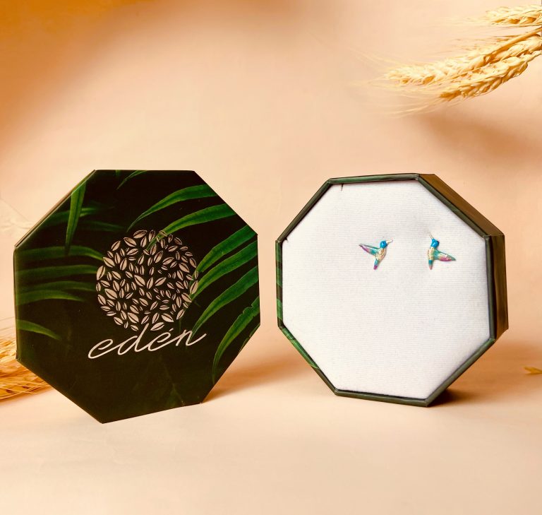 Aretes Colibri, empaque de regalo, joyeria en plata ecologica pintada a mano, eden joyas